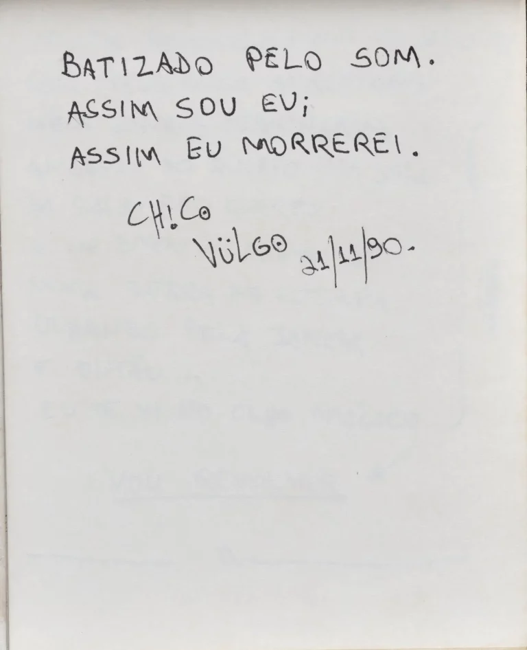 Texto em português sobre eu_lírico se sentir batizado pelo som, escrito por Chico Science