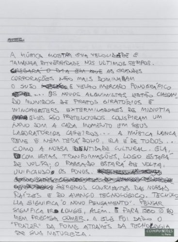 Texto em português com reflexões sobre o mercado fonográfico, escrito por Chico Science